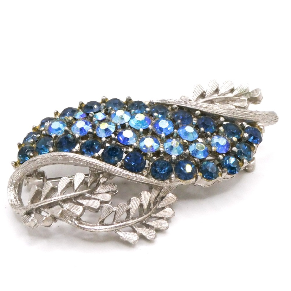 BSK Vintage Silver Blue Aurora Borealis Rhinestone Large 2 Inch Brooch Pin
